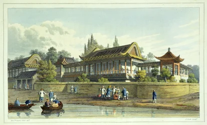 Sommerpalast des Kaisers, gegenüber der Stadt Tien-Sing, Tafel 2 aus Journal of the Proceedings of the Late Embassy to China, graviert von J. Clark, 1817